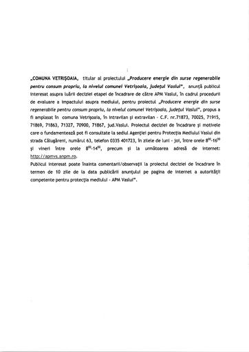 Proiect -Producerea energie din surse regenerabile pentru consum propriu la nivelul comunei Vetrisoaia, judetul Vaslui
